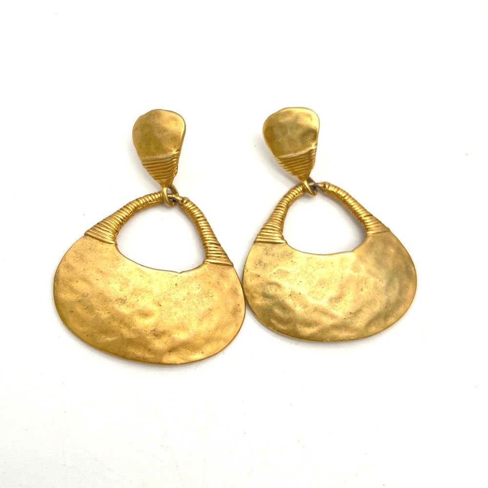 Vintage Gold Hammered Door Knocker Statement Earrings Made in USA 2"